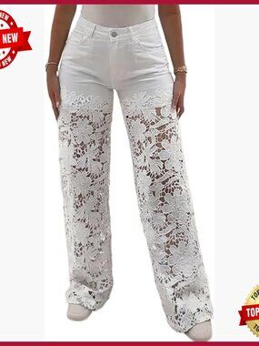 High Waist Wide Leg Jeans with Lace Spliced Design and Pockets
